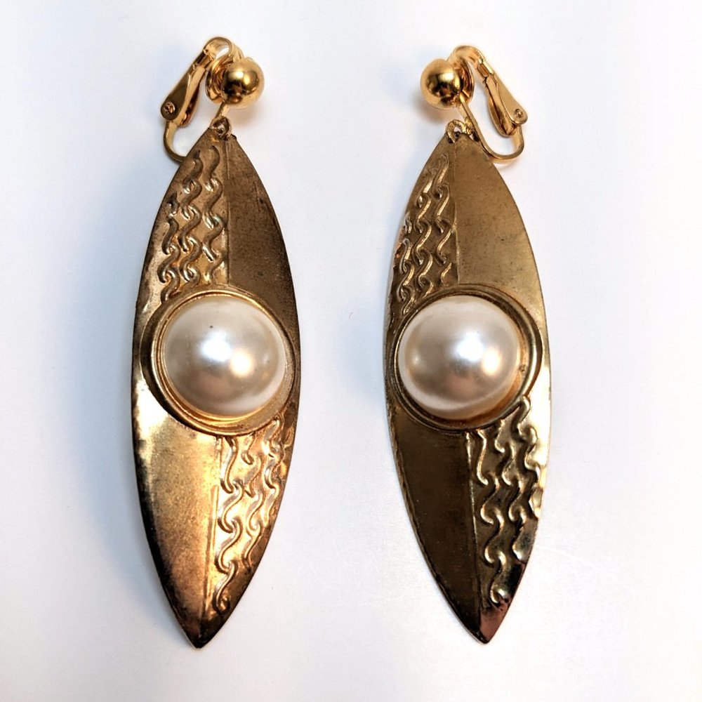 Vintage 80s Clip-On Big Gold Faux Pearl Earrings African Shield Tribal Modernist